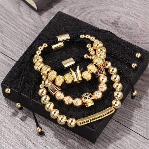 MOFLO Luxury Mens Royal Hand Jewelry 3Pcs/Set Gold Plated Stainless Steel Beads Crown Skull Bracelet Set