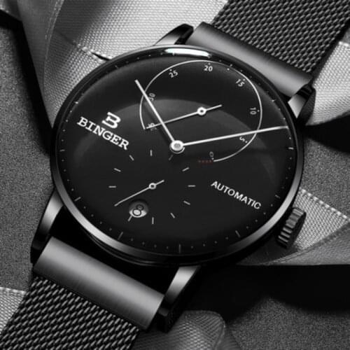 Original BINGER Brand Men stainless steel automatic mechanical male leather strap watch self-wind cruve surface big all black