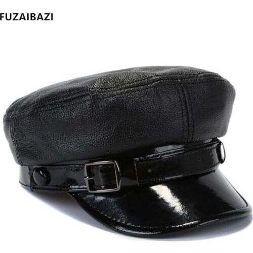 FUZAIBAZI New Genuine Leather Hat For Mens Womens Autumn Winter Quality Cowhide Military Hats Snapback Fashion Student Hat