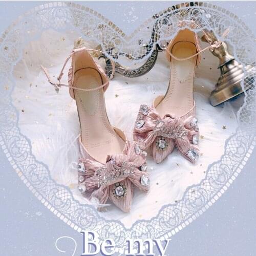 2021 Summer New Folds Rhinestone Bow Tie Womens Shoes Shallow Mouth Stiletto Sandals Sweet Princess Style Shoes