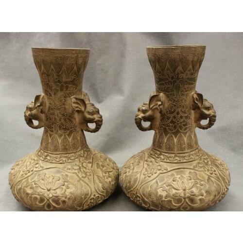 Song voge gem S2595 12" Royal Chinese Palace Bronze Copper Elephant head Statue Bottle Pot Vase Pair