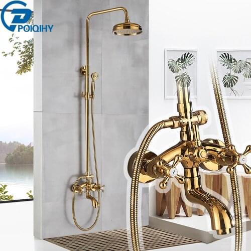 POIQIHY Golden Bathroom Shower Set 8" Rainfall Shower Faucet Wall Mount Bath Shower Mixer System Swivel Tub Spout Bathtub Tap
