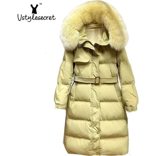 White Duck Hooded пуховая куртка Faux Fur Collar Winter Elegant Long Coat Women Warm Down Puffer Trendy Jacket With Belt U10847