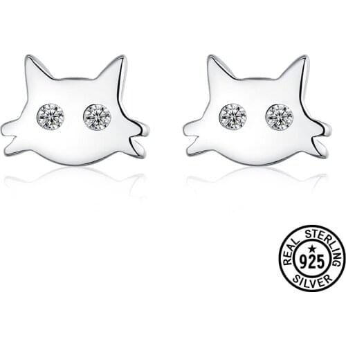 Real 925 Sterling Silver Earrings Cat Lovely Animal Fashion Clear Zircon Stud Earrings For Women Korean Trendy Fine Jewelry