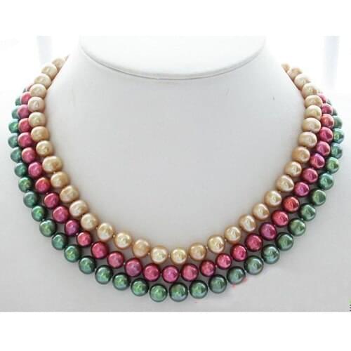 Unique Pearls jewellery Store 3row Rainbow Round Freshwater Pearl Necklace Charming Wedding Birthday Women Pearl Jewelry