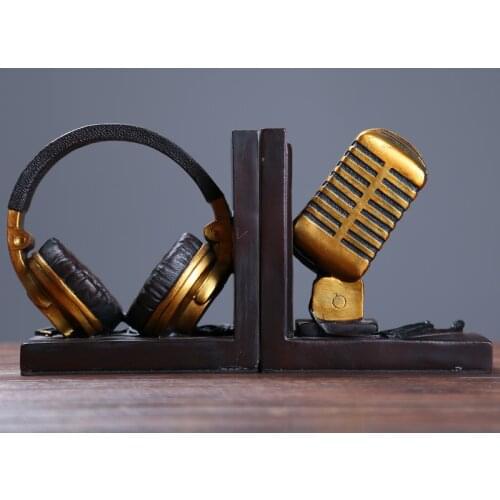 Vintage Microphone Model Bookends Ornamental Resin Headset Book Stands Handicraft Accessories for Cafe and Study Room Decoration