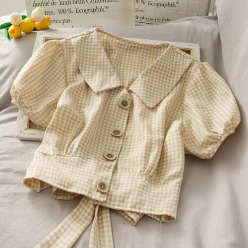 2021 Summer Women Stylish Peter Pan Collar Puff Sleeve Single Breasted Plaid Blouse Chic Back Bow Patchwork Casual Summer Shirts