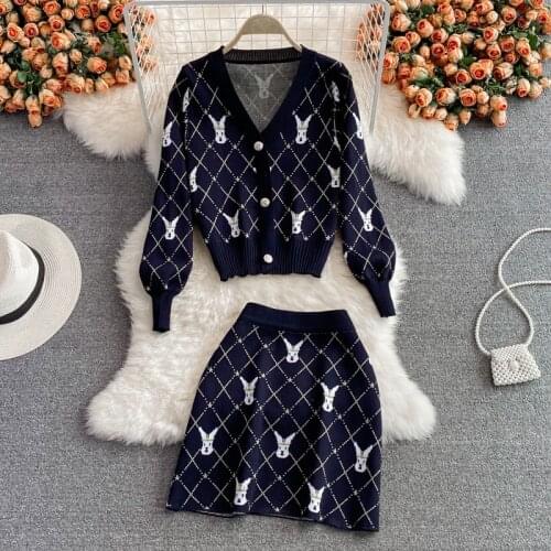 Chic Retro Sweater Two Piece Set Women Autumn Vetement Femme 2021 V-neck Knitted Cardigan Coat and Mini Skirt Sweater Sets