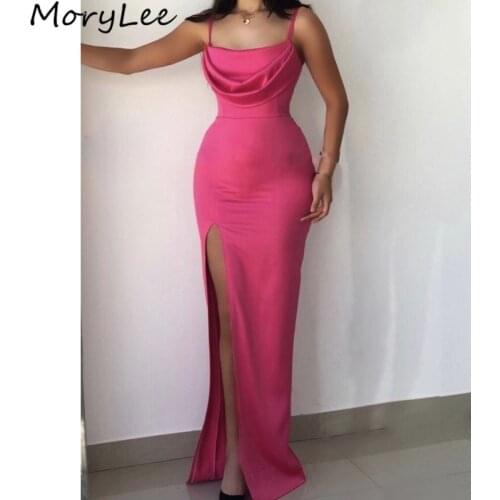 Prom Dresses Pink Spaghetti Straps Side Slit Spandex Satin Mermaid Prom Dresses With Zipper Back vestidos de fiesta de noche