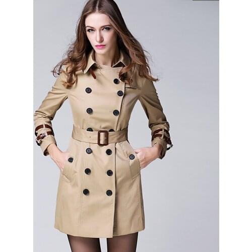 Women Female Coat British Long Style Elegant Trench Coat/Designer Belted Double Breasted Trench/Outerwear Trench Coat KHAKI