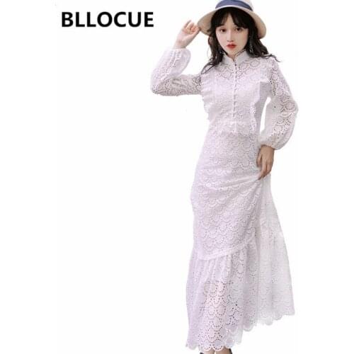 BLLOCUE Fashion High Quality Runway Dress 2019 Autumn Women Stand Collar Lantern Sleeve White Lace Hollow Out Ruffles Dress
