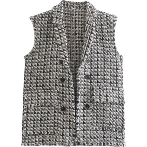 MESTTRAF Women 2021 Fashion Plaid Textured Vest V-neck Pocket Sleeveless Ladies Vest Streetwear