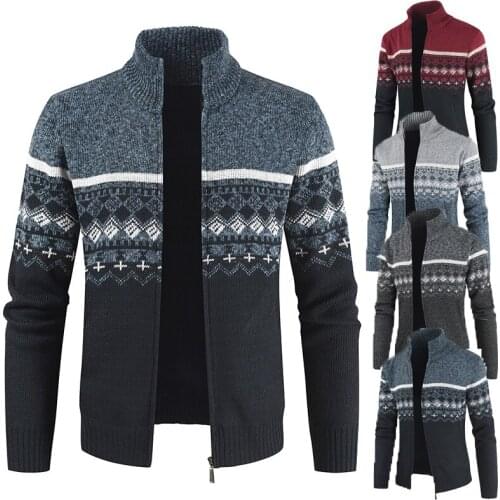 Winter thick coat mens stripe knitted cardigan casual stand collar jacket autumn winter fleece faux fur sweater