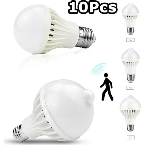 10Pcs E27 LED Induction Light Bulbs Motion Sensor 5W 7W 9W 2835 SMD 85-265V Cool White 6500K Stairs Corridor Night Security Lamp