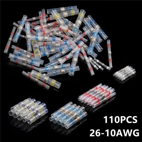 110PCS Waterproof Heat Shrink Sordering Terminals Electrical Wire Connectors Insulated Solder Sleeve Fast Butt Connectors 4 Size