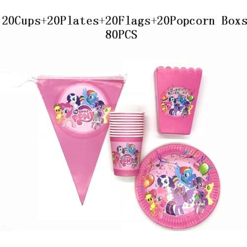 40pcs/80Pcs Cartoon My Little Pony Theme Birthday Party Supplies Pony Paper Cups Plate Popcorn Boxes Banner For Kids Party Decor