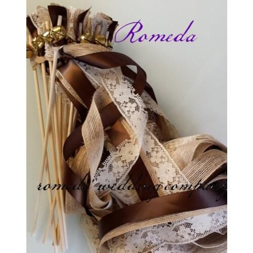 50pcs/lot Burlap/ Jute Wedding Ribbon Stick/ Ribbon Wands/Twirling Streamers With Bell