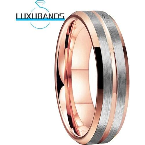 6MM Tungsten Wedding Bands Rose Gold For Men Wemens Center Grooved Beveled Edges Flat Brushed Finished Comfort Fit