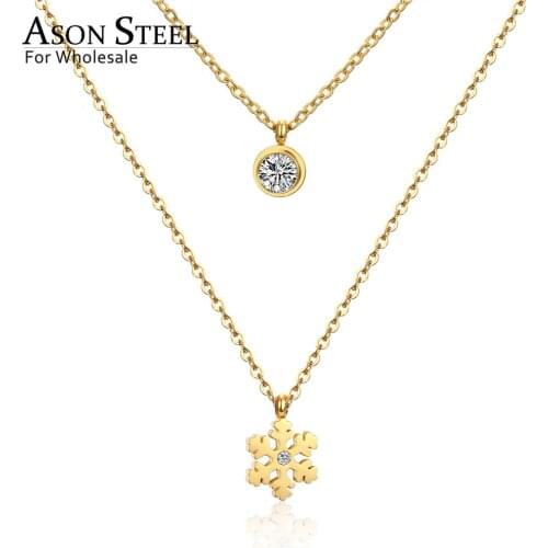 ASONSTEEL Snowflake Pendant Necklaces Stainless Steel Round Cubic Zirconia Double Chains Necklaces Wholesale Accessories Mujer