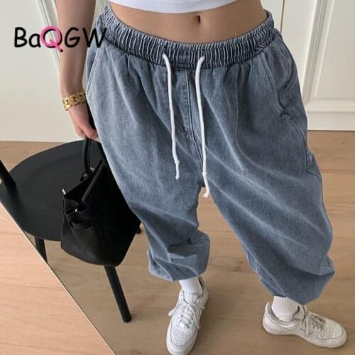 BaQGW 2020 Autum Winter New Jeans for Women Loose Elastic High Waist Harem Pants Long Loose Drawstring Women Jeans Streetwear