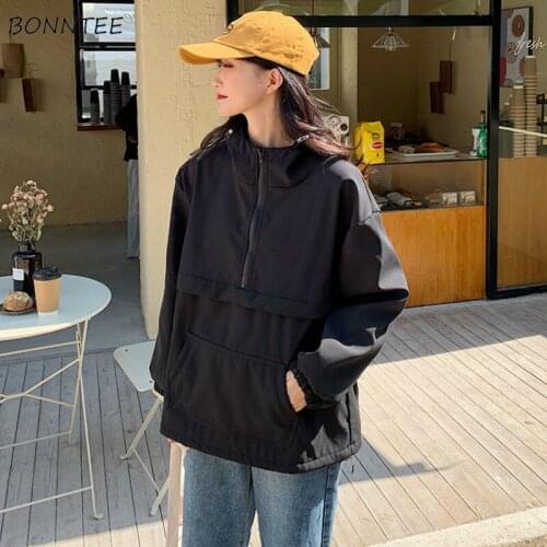Basic Jackets Women Solid Black Zipper Hooded Korean Style Harajuku Simple Design High Street Outerwear Female Coats Spring Chic