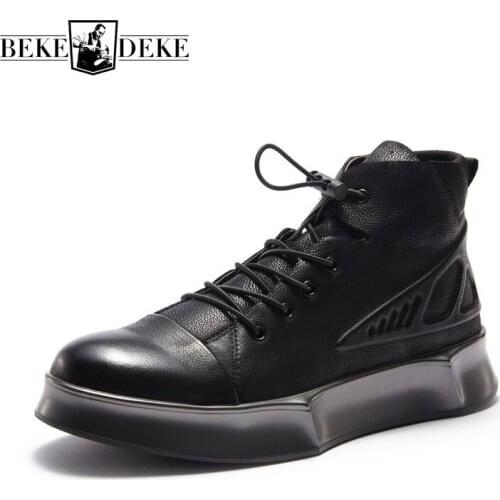 High Top Mens Korean Winter Fleeec Lining Outdoor Boots Casual Lace Up Thick Bootom Round Toe Genuine Leather Male Cowhide Boots