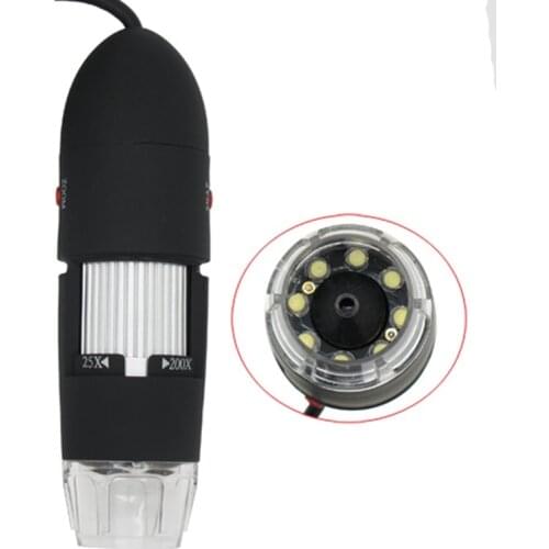 2MP USB Digital Microscope Electronic Endoscope Magnifier 25X~200X Magnification Optical Microscopes Loupes Black PC software