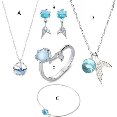 Blue Sea Crystal Mermaids Stud Earrings Women Beauty Fishtails Bracelet Rings Mermaids Pendant Necklace Fashion Jewelry T84A