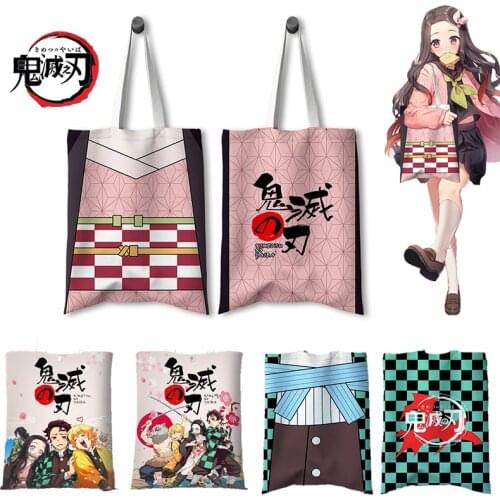 Demon Slayer Handbag Canvas Bags Double-sided Printing Kamado Tanjirou Kamado Nezuko Kimetsu No Yaiba Storage Bag with Button