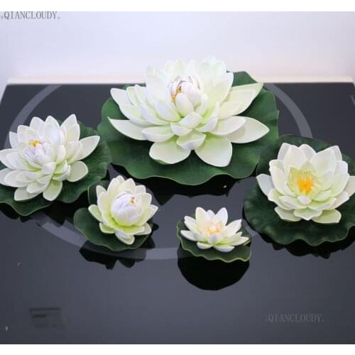 White Artificial fake Simulation Lotus Leaves flowers Heads Water pond Garden home Lily Floating Fish Tank Pond Wedding D24