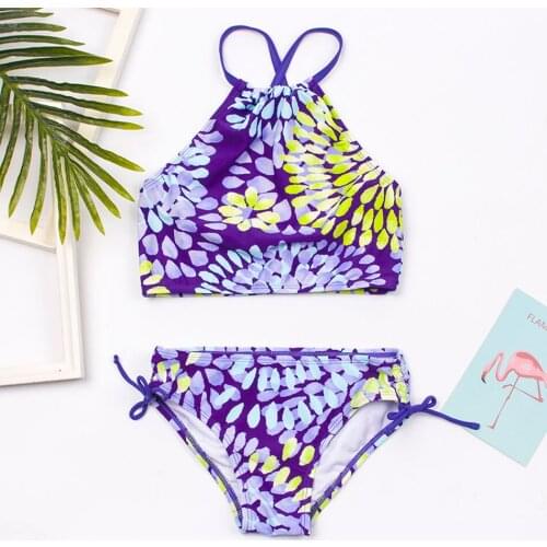 High Neck Girl Swimsuit Flower Two Piece Childrens Swimwear 5-14 Years Girl Bikini Set Cross Back GIrls Bathing Suit Beachwear
