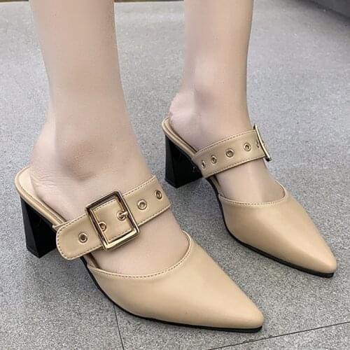 2021 Women Mules Slippers High Heels Shoes Female Flip Flops Slides Fashion Pointed Toe Casual Shoes Ladies Square Heel Slippers