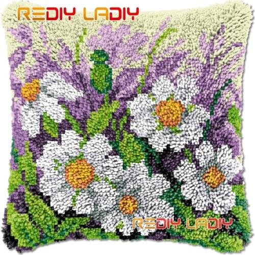 Latch Hook Cushion White Flowers DIY Needlepoint Kits Chunky Acrylic Yarn Arts Crocheting Lofty Pillow Case Hobby & Crafts