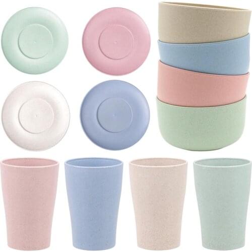 1 Set 12Pcs Wheat Straw Tableware Food Bowl Water Cup Serving Plate Tableware for Outdoor