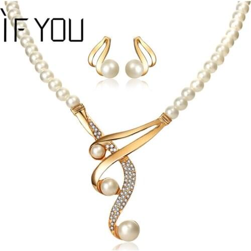 IF YOU Fashion Imitation Pearl Jewelry Set for Wedding Crystal Choker Necklaces Stud Earrings Bridal Jewelry Set for Women Gift