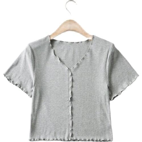 JC·KILIG 2021 New V-Neck Knitted Wave Edge T-Shirt CT1006