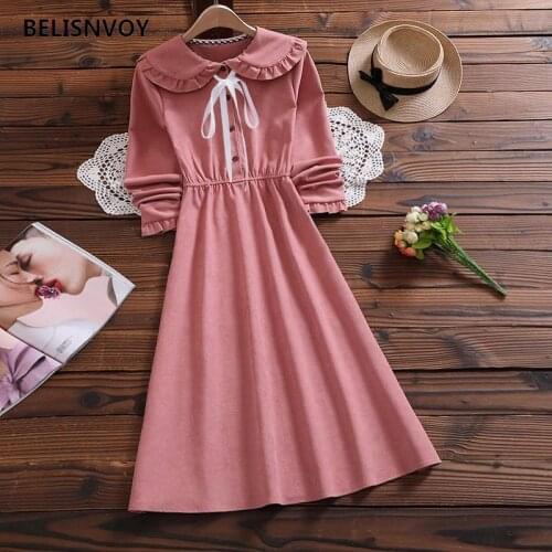 Mori Girl Autumn Winter Women Midi Dress Peter Pan Collar Bow Blue Green Red Dress Long Sleeve Elegant Sweet Solid Vestido Mujer