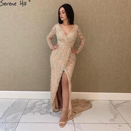 Peach Mermaid Sexy Evening Dresses Woman Party Night 2020 Luxury Long Sleeves Rhinestones Formal Wear Gown BLA70499