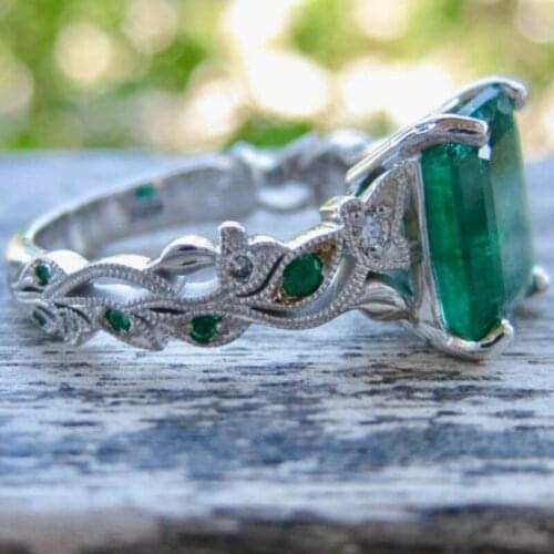 Exquisite 14K Platinum Diamond Emerald Creative Ring Wedding Wedding Princess Love Ring SIZE 6-11