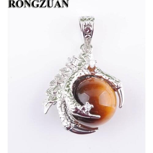 RONGZUAN Natural Tigers Eye Gem Stone Round Ball Bead Dragon Claw Crystal Pendant Necklace 18" Chain Jewelry TN3111