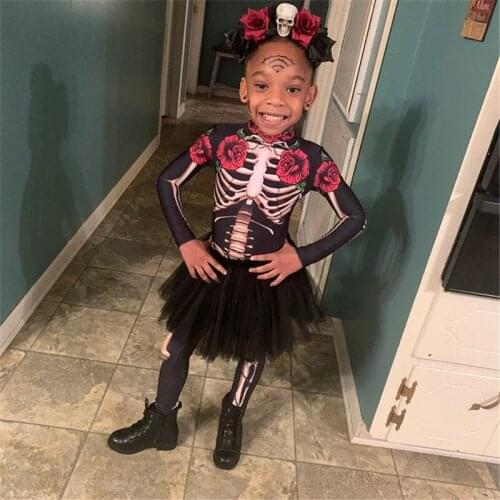 Rose Skeleton Kids Jumpsuit Halloween Cosplay Costumes for Girls Bodycon Zentai Carnival Party Skull Costume Full Seleeve Horror