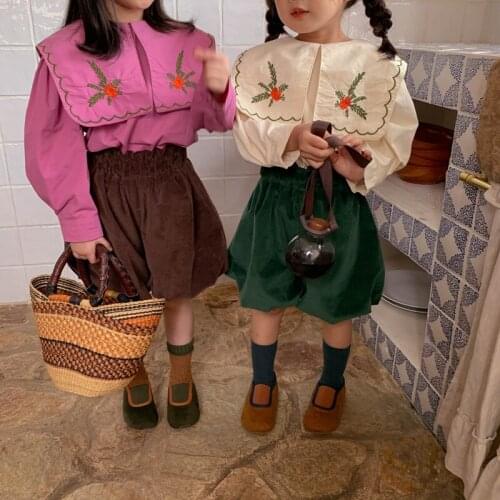 Autumn New Korean Style Big Turn-down Collar Embroidery Shirts for Girls Long Sleeve Loose Cotton Blouses 1-6Y