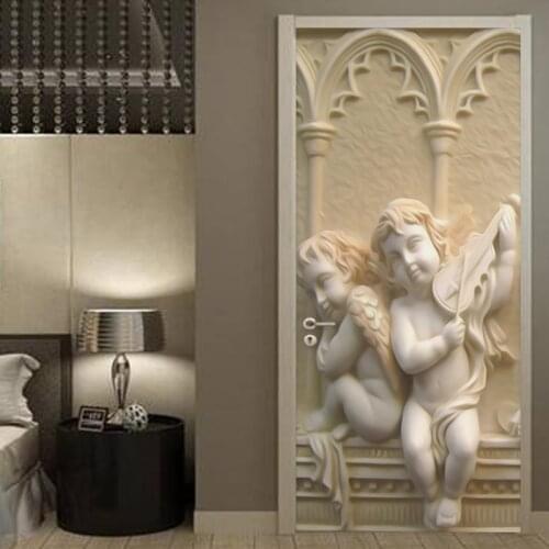 PVC Self-Adhesive Door Sticker 3D Embossed Angel Sculpture Mural Wallpaper Bedroom Waterproof Sticker Poster Papel De Parede 3 D