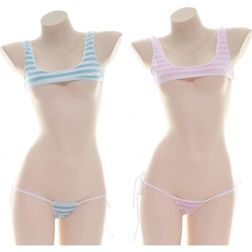 Sexy Striped Short Vest Tank & Panties Set Bikini Sexy Cute Exotic Appreal Anime Girl White Blue Pink