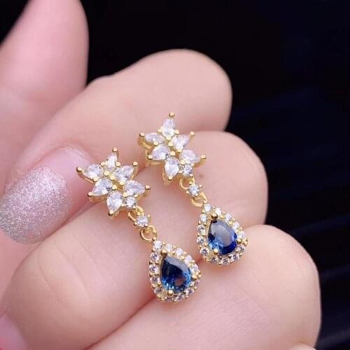 Natural blue sapphire drop earrings 925 silver Natural gemstone earring elegant water drop Flower woman party gift fine jewelry