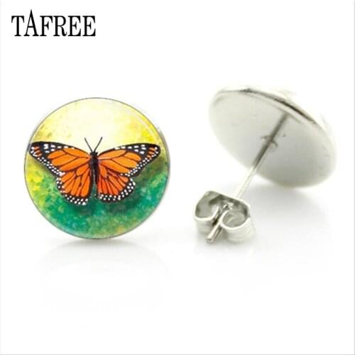 TAFREE Brand Beautiful Butterfly Art Patterns Stud Earring Glass Cabochon Dome Earrings for Women Girls Fashion Jewelry JS135