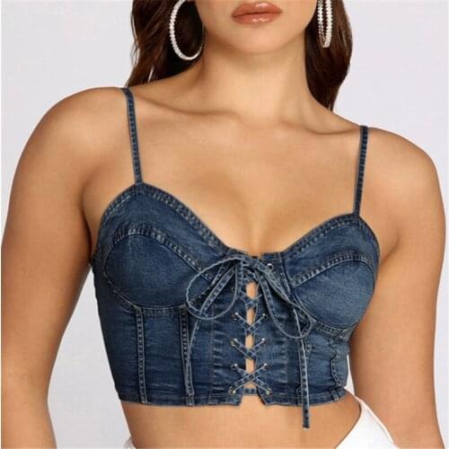 Denim Crop Top Women Backless Sexy Summer Streetwear Female Clothes Spaghetti Strap Camisole Lace Up Aesthetic Jeans Tank Tops