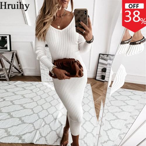 Long Sleeve V Neck Party Dresses Solid Color Knitted Slim Fashion Dresses for Women Evening Club Summer Autumn Vestido De Mujer