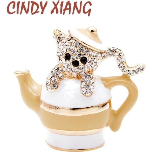 CINDY XIANG New Arrival Design Rhinestone Teapot And Cat Brooches For Women Cute Animal Pins Kitty Jewelry Interesting Kids Gift