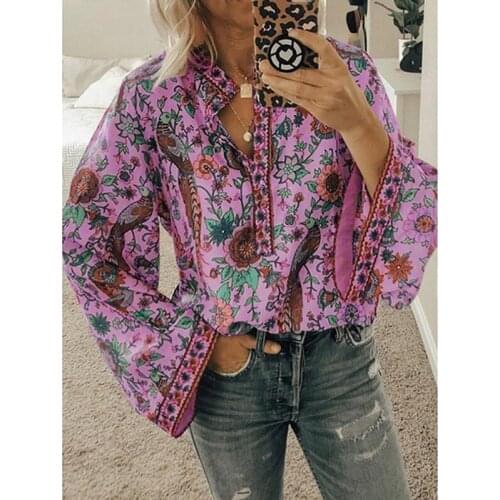 Womens Blouse Beach Boho Style womens Fashion Floral Casual Loose Top Printed V-neck Ladies Regular long-sleeved Wild Blouse